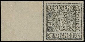Markenausgaben
Bayern
1849, 1 Kreuzer grauschwarz, sog. Bayern Einser, sehr breites linkes Luxus-Randstück, farbfrisch und allseits breitrandig gesc...