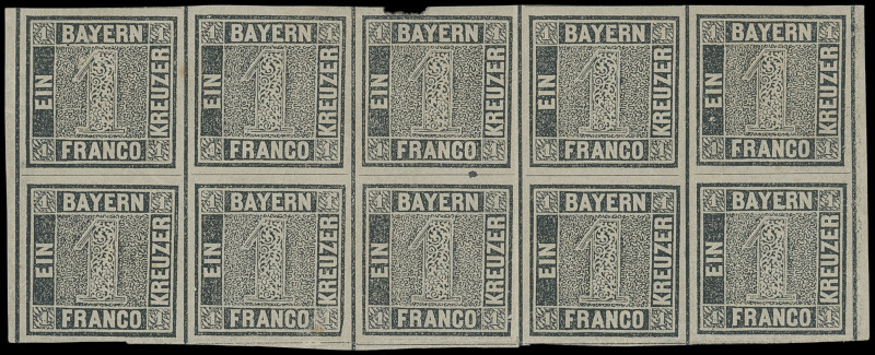 Markenausgaben
Bayern
1849, 1 Kreuzer grauschwarz, sog. Bayern Einser, Platte ...
