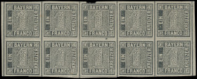 Markenausgaben
Bayern
1849, 1 Kreuzer grauschwarz, sog. Bayern Einser, Platte I, waagerechter Zehnerblock (5x2) über die gesamte Breite des Druckbog...