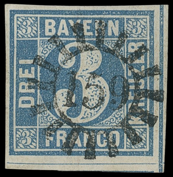Markenausgaben
Bayern
1849, 3 Kreuzer blau, Type I, fünf Kabinettstücke in unt...