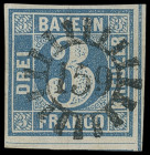 Markenausgaben
Bayern
1849, 3 Kreuzer blau, Type I, fünf Kabinettstücke in unterschiedlichen Nuancen, jeweils allseits breitrandig geschnitten (mit ...