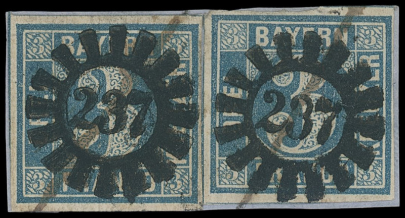 Markenausgaben
Bayern
1849, 3 Kreuzer blau, Type I, zwei tieffarbige Kabinetts...