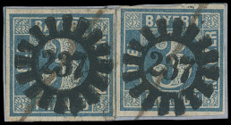 Markenausgaben
Bayern
1849, 3 Kreuzer blau, Type I, zwei tieffarbige Kabinettstücke als waagerechtes Paar geklebt auf Briefstück mit sauber, gerade ...