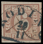 Markenausgaben
Bayern
1849, 6 Kreuzer braun, Type I, leichte Mängel, mit sauber und zentrisch aufgesetztem HKS "RODING 29/11". Frühdatum aus dem 1. ...