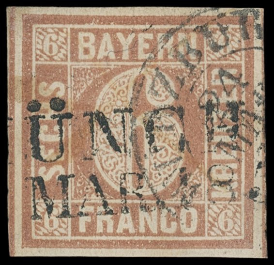 Markenausgaben
Bayern
1849, 6 Kreuzer braun, Type I, mit sehr seltener Doppele...