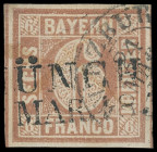 Markenausgaben
Bayern
1849, 6 Kreuzer braun, Type I, mit sehr seltener Doppelentwertung durch L2 "MÜNCHEN" und K2 "WÜRZBURG" (von Retourbrief bzw. R...