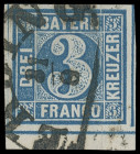 Markenausgaben
Bayern
1850, 3 Kreuzer Type II, blau, farbtiefes und allseits enorm breitrandiges Unterrandstück mit sehr seltener Ortsstempelentwert...
