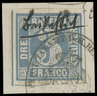 Markenausgaben
Bayern
1850, 3 Kreuzer Type II, blau, allseits breitrandig (mit allseits sichtbaren Schnittlinien) auf Briefstück mit Gerichtsstempel...