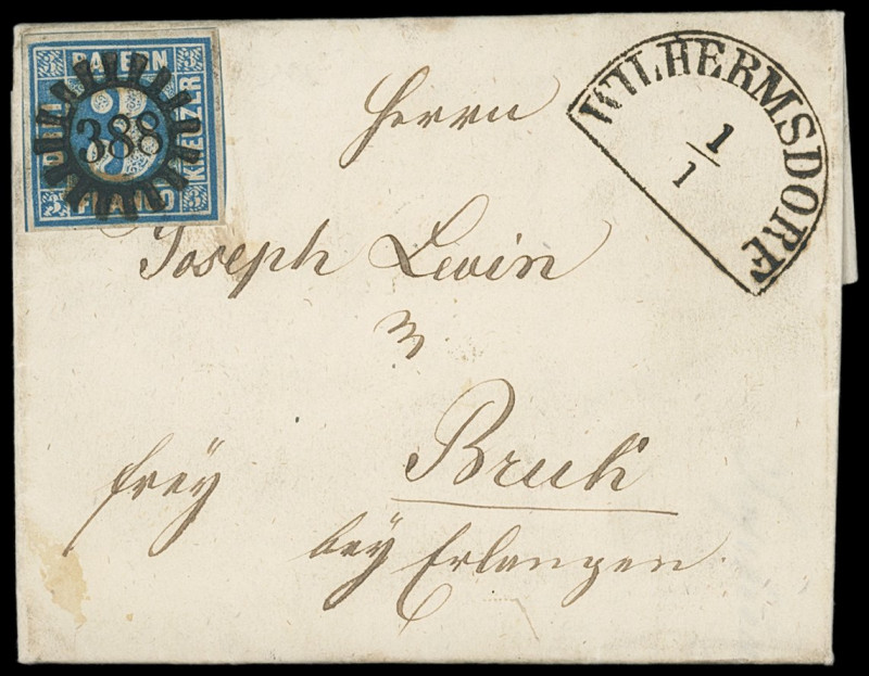 Markenausgaben
Bayern
1850, 3 Kreuzer blau, Type II, Kabinettstück mit idealem...