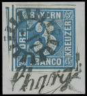Markenausgaben
Bayern
1850/54, 3 Kreuzer Type II, Platte 3, allseits voll- bis überrandig, mit seltener Doppelentwertung durch gMR "217" und L1 "Cha...