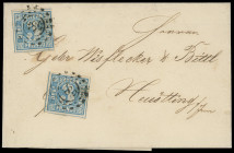Markenausgaben
Bayern
1850/58, 3 Kreuzer Type II, Platte 5, zwei Prachtstücke als Mehrfachfrankatur und entwertet mit oMR "389". Sehr seltener und d...