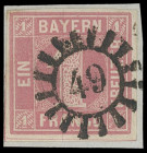 Markenausgaben
Bayern
1850, 1 Kreuzer rot bis 9 Kreuzer grün, vier Luxusstücke, je mit zentrisch und gerade aufgesetzten, verschiedenen gMR, dabei d...