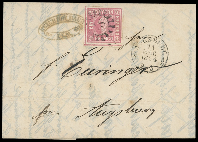 Markenausgaben
Bayern
1850, 1 Kreuzer rosa, Platte 1, Unterrandstück auf "Forw...