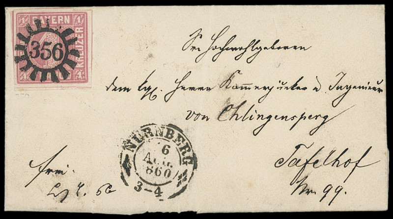 Markenausgaben
Bayern
1850, 1 Kreuzer rosa, Platte 1, Kabinettstück mit ideale...
