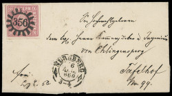 Markenausgaben
Bayern
1850, 1 Kreuzer rosa, Platte 1, Kabinettstück mit idealem gMR "356" und K2 "NÜRNBERG 6 AUG 1860" auf besonders reizvollem Orts...