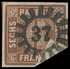Markenausgaben
Bayern
1850, 6 Kreuzer braun, Type II, kuriose Marke mit deutlich vor der Verwendung umgefalteter Ecke und darauf ideal übergehendem ...