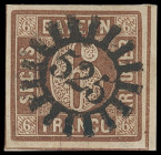 Markenausgaben
Bayern
1850, 6 Kreuzer braun, Type II, Luxus-Randstück mit absolut zentrischem gMR "525". Geprüft Sem BPP mit Notiz "hübsch"