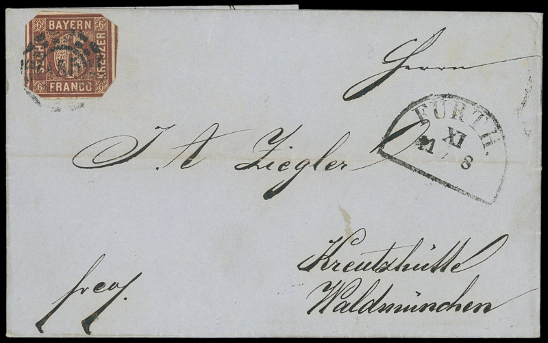 Markenausgaben
Bayern
1850, 6 Kreuzer braun, Type II, sehr ungewöhnlich achtec...