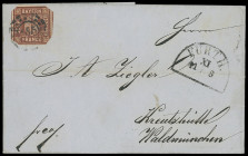 Markenausgaben
Bayern
1850, 6 Kreuzer braun, Type II, sehr ungewöhnlich achteckig geschnitten, evtl. Diebstahlschutz des Absenders ("Spiegelglasfabr...
