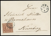 Markenausgaben
Bayern
1850, 6 Kreuzer braun, Type II, Kabinettstück mit gMR "305" und Fingerhut-Aufgabe "MARKTL" auf frischem Faltbrief nach Nürnber...