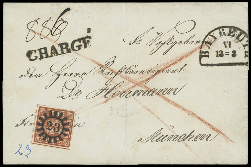 Markenausgaben
Bayern
1850, 6 Kreuzer braun, Type II, mit idealem gMR "23" auf...