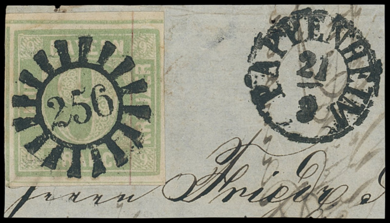 Markenausgaben
Bayern
1850, 9 Kreuzer seltene Farbe mittelgelblichgrün, Luxus-...