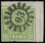 Markenausgaben
Bayern
1850, 9 Kreuzer grün, rechte obere Bogenecke (ganz winzig bayernbrüchig) mit sauber und zentrisch aufgesetztem gMR "93". Selte...