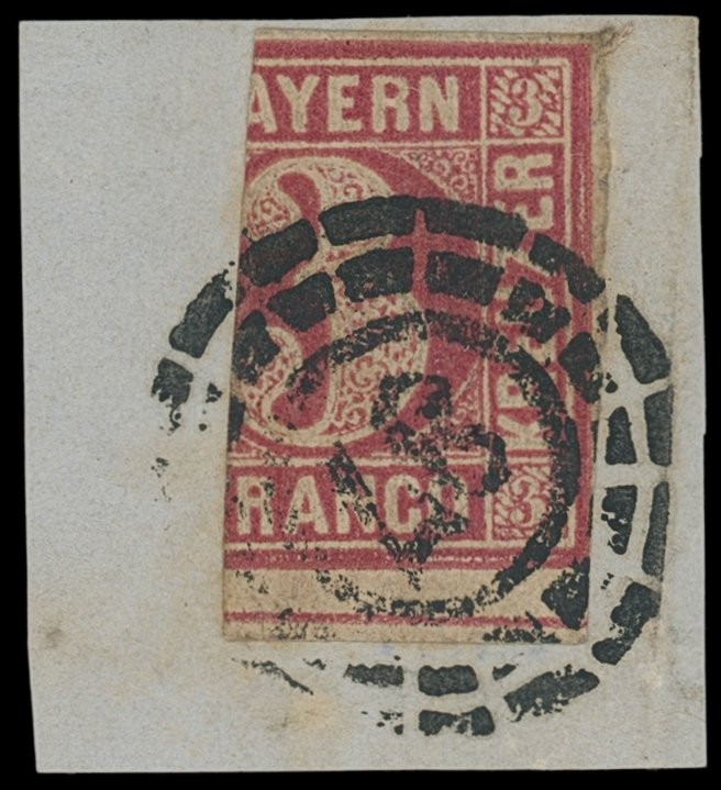 Markenausgaben
Bayern
1862, 3 Kreuzer rosa, Briefstück mit einer "Halbierung" ...