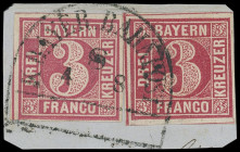 Markenausgaben
Bayern
1862, 3 Kreuzer lebhaftkarminrot und 3 Kreuzer lilarot, Auflagen-Mischfrankatur mit Bahnpost-HKS, auf Kabinett-Briefstück.
