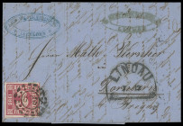 Markenausgaben
Bayern
1862, 3 Kreuzer rot, dekorativer "Forwarded"-Brief mit Absender-Stempel und vollem Inhalt aus Iserlohn/Preußen sowie Stempel d...