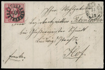 Markenausgaben
Bayern
1862, 3 Kreuzer rot, mit sauber und genau zentrisch aufgesetztem gMR "600" mit kleinem K2 "WUNSIEDEL 31/12" auf Faltbrief nach...