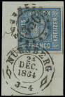 Markenausgaben
Bayern
1862, 6 Kreuzer blau, Kabinettbriefstück mit seltener Doppelentwertung durch oMR "356" und K2 "NÜRNBERG 24 DEC. 1864. Eine sch...