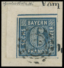 Markenausgaben
Bayern
1862, 6 Kreuzer dunkelblau, farbintensives Luxusstück (mit Trennungslinie unten), mit breiter linker oberer Bogenecke und leic...