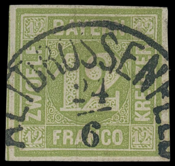 Markenausgaben
Bayern
1862, 12 Kreuzer dunkelgelbgrün, Kabinettstück mit saube...
