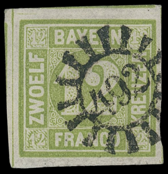 Markenausgaben
Bayern
1862, 12 Kreuzer dunkelgelbgrün, farbfrisches Kabinettst...