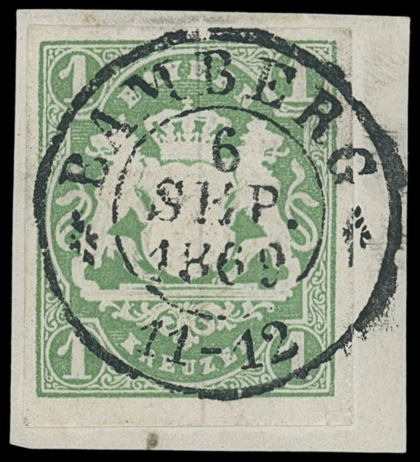 Markenausgaben
Bayern
1867, 1 Kreuzer Wappen geschnitten, Luxusbriefstück mit ...