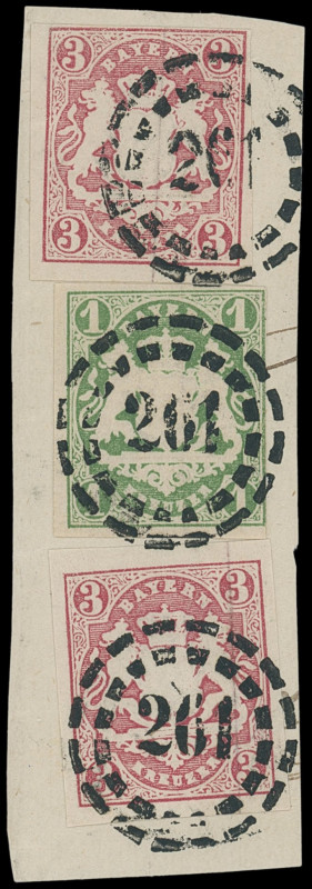 Markenausgaben
Bayern
1867, 1 Kreuzer Wappen grün (rechts ganz minimal tangier...