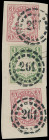 Markenausgaben
Bayern
1867, 1 Kreuzer Wappen grün (rechts ganz minimal tangiert) und zweimal 3 Kreuzer rosa, mit oMR "21" in Sonderform, auf besonde...