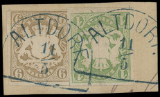 Markenausgaben
Bayern
1867/68, 1 Kreuzer grün und 6 Kreuzer braun, Kabinettbriefstück mit seltener Entwertung durch blauen HKS "ALTDORF", geprüft Br...
