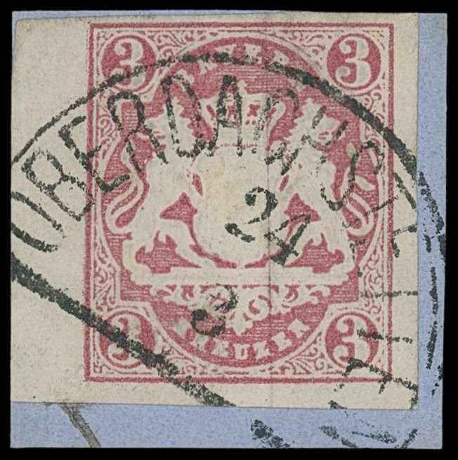 Markenausgaben
Bayern
1867, 3 Kreuzer Wappen geschnitten, karmin, linkes Bogen...
