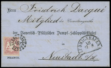 Markenausgaben
Bayern
1867, 3 Kreuzer Wappen geschnitten, rosa, Kabinettstück auf Vordruckbrief "der Bayerisch-Pfälzischen Dampf-Schleppschiffahrt"....