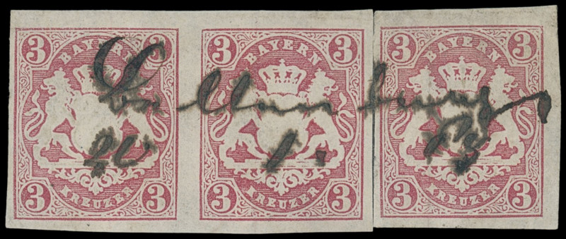 Markenausgaben
Bayern
1867, 3 Kreuzer Wappen geschnitten, karmin, zusammengehö...