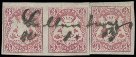 Markenausgaben
Bayern
1867, 3 Kreuzer Wappen geschnitten, karmin, zusammengehörendes Paar und Einzelmarke, mit handschriftlicher Aushilfs-Entwertung...