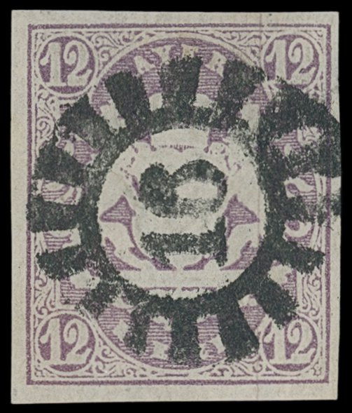Markenausgaben
Bayern
1867, 12 Kreuzer Wappen geschnitten, hellbraunviolett, K...