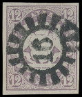 Markenausgaben
Bayern
1867, 12 Kreuzer Wappen geschnitten, hellbraunviolett, Kabinettstück mit gMR "16". Schönes Exemplar dieser Marke. Signatur Pfe...