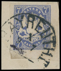 Markenausgaben
Bayern
1868, 7 Kreuzer Wappen geschnitten, ultramarin, kleine rechte untere Bogenecke auf Kabinett-Briefstück mit saubererem HKS "BAY...
