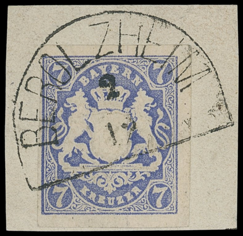 Markenausgaben
Bayern
1868, 7 Kreuzer Wappen geschnitten, ultramarin, Luxus-Br...