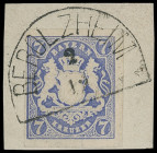 Markenausgaben
Bayern
1868, 7 Kreuzer Wappen geschnitten, ultramarin, Luxus-Briefstück mit sehr schönem HKS "BEROLZHEIM 2/12".