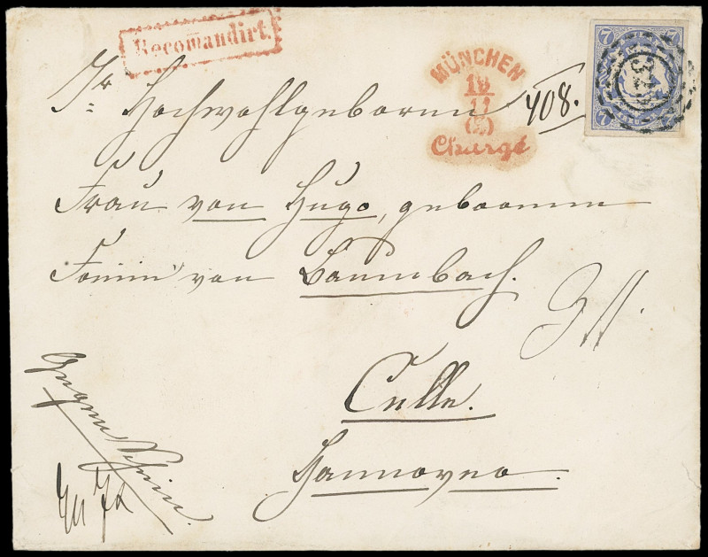 Markenausgaben
Bayern
1868, 7 Kreuzer Wappen geschnitten, ultramarin, Kabinett...
