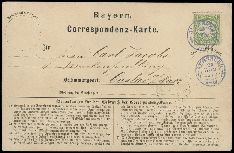 Markenausgaben
Bayern
1870, 1 Kreuzer Wappen gezähnt, mit sauberem, blauem K2 ...